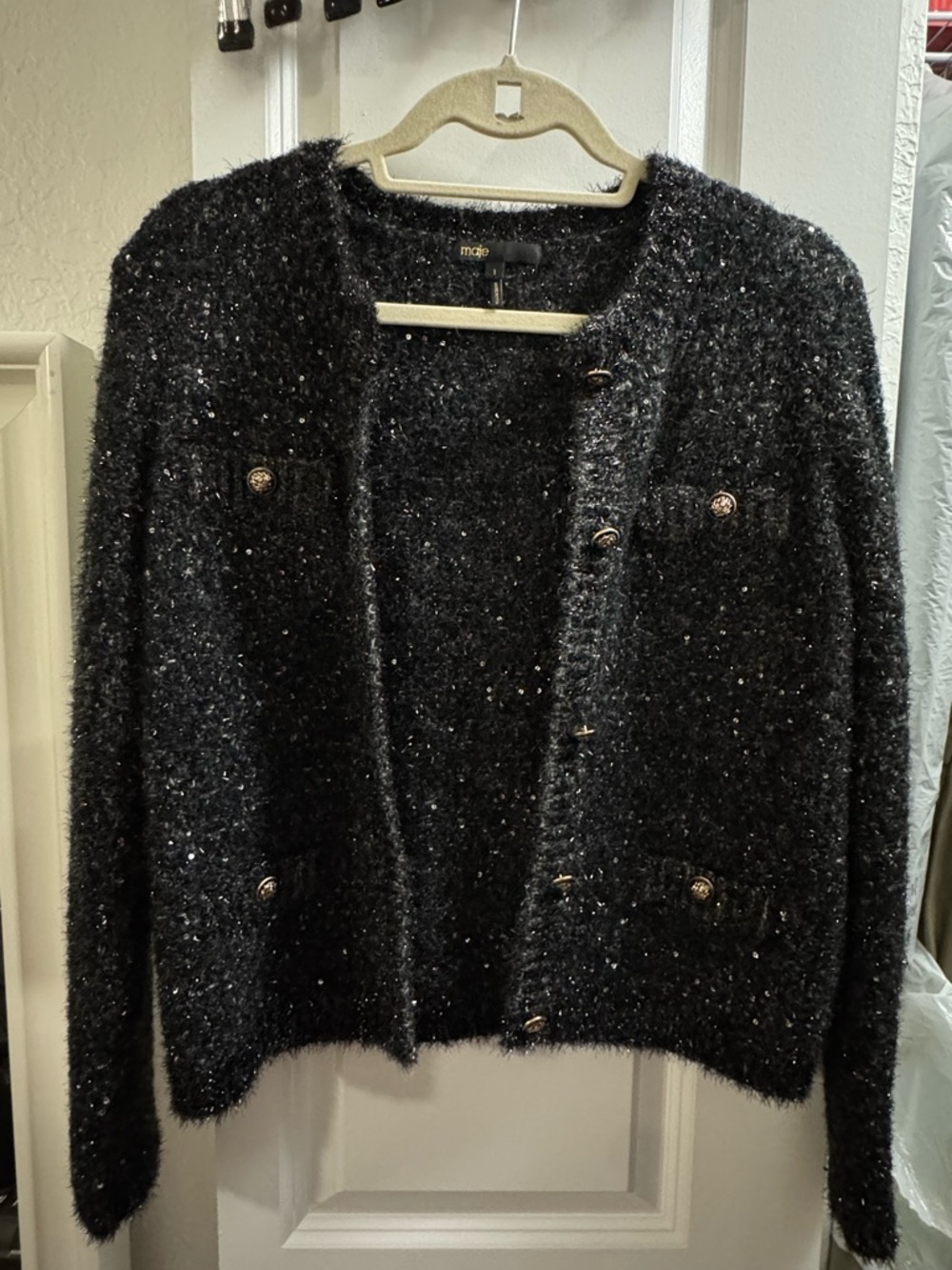 Maje Black Sequin Fuzzy Cardigan